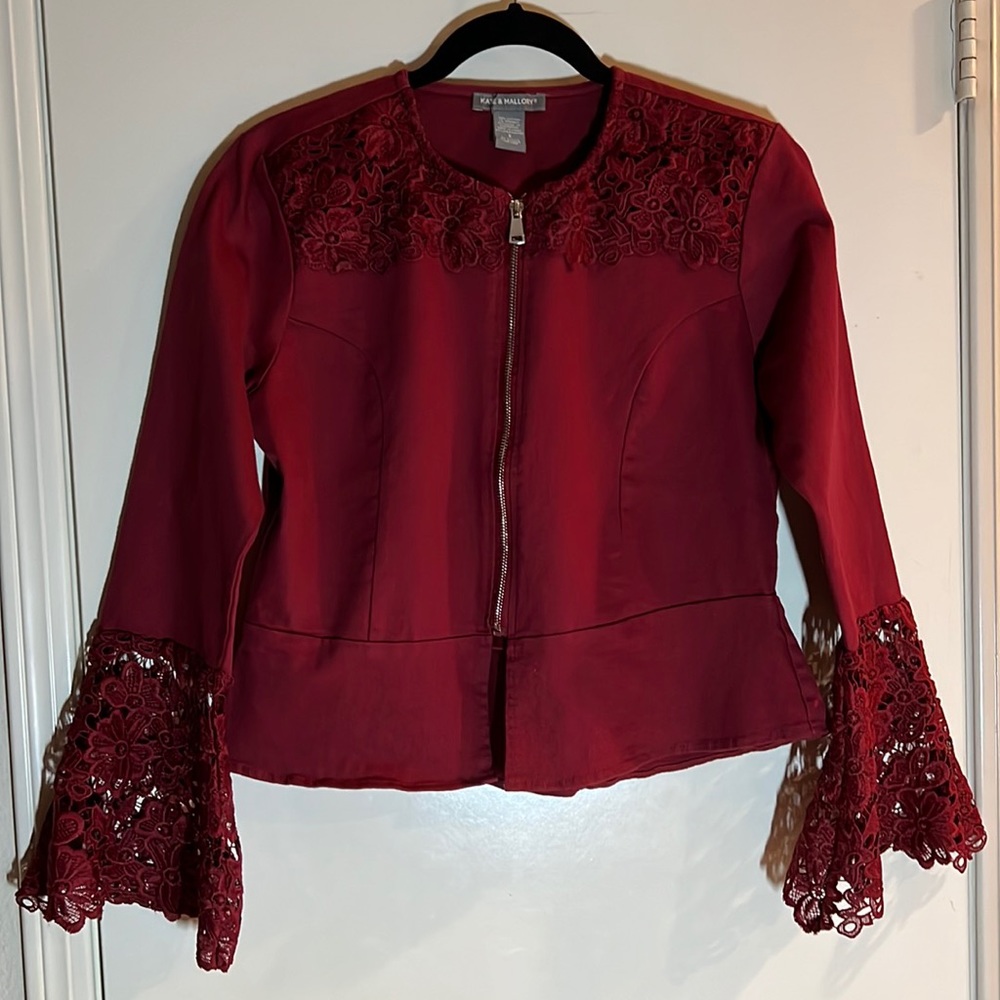 Kate & Mallory Stretch Twill Long Bell Sleeve Lace Detailed Zip Front Jacket